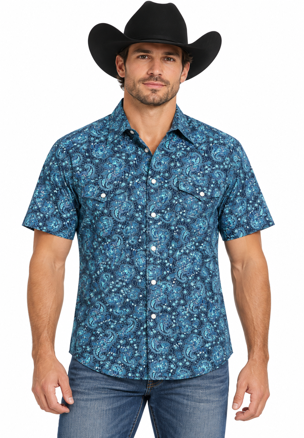 Rock & Roll Denim Men’s Blue Paisley Short-Sleeve Western Shirt – BMN3S03924