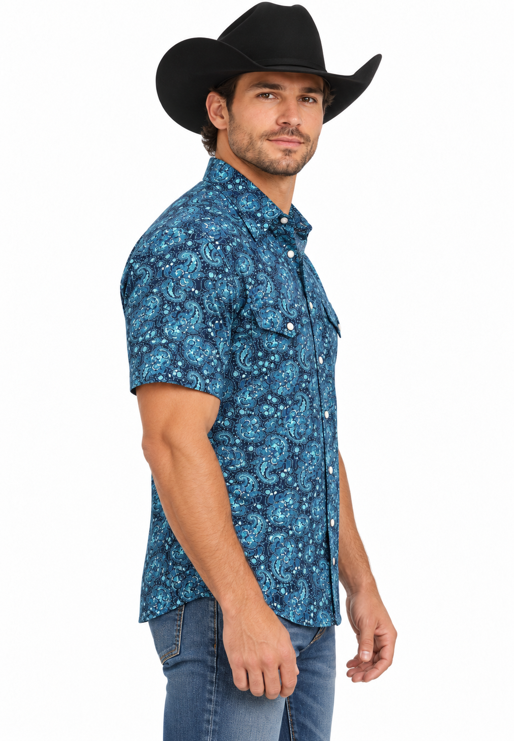 Rock & Roll Denim Men’s Blue Paisley Short-Sleeve Western Shirt – BMN3S03924