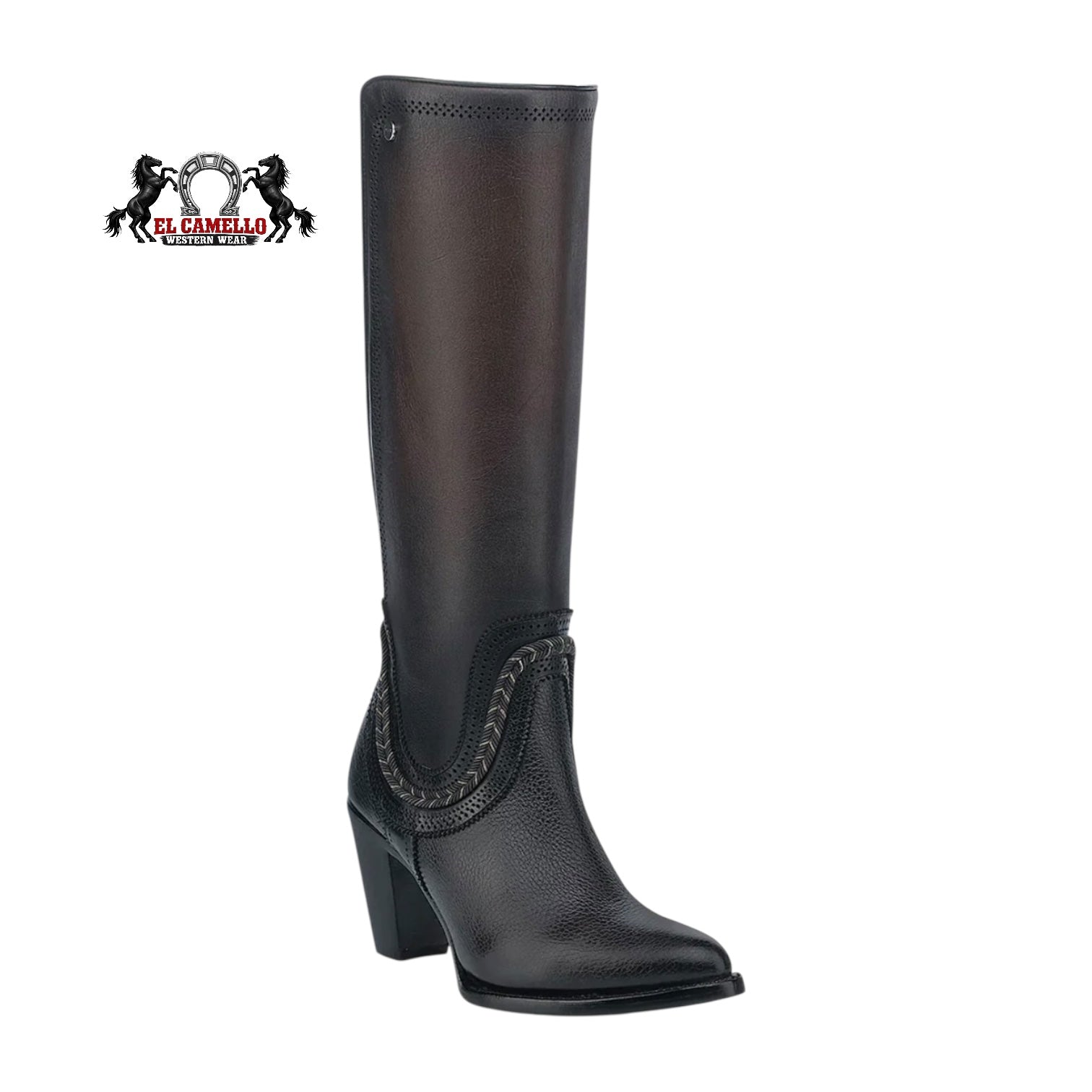 Women’s Black Leather Western Tall Boot with Side Zipper & Block Heel