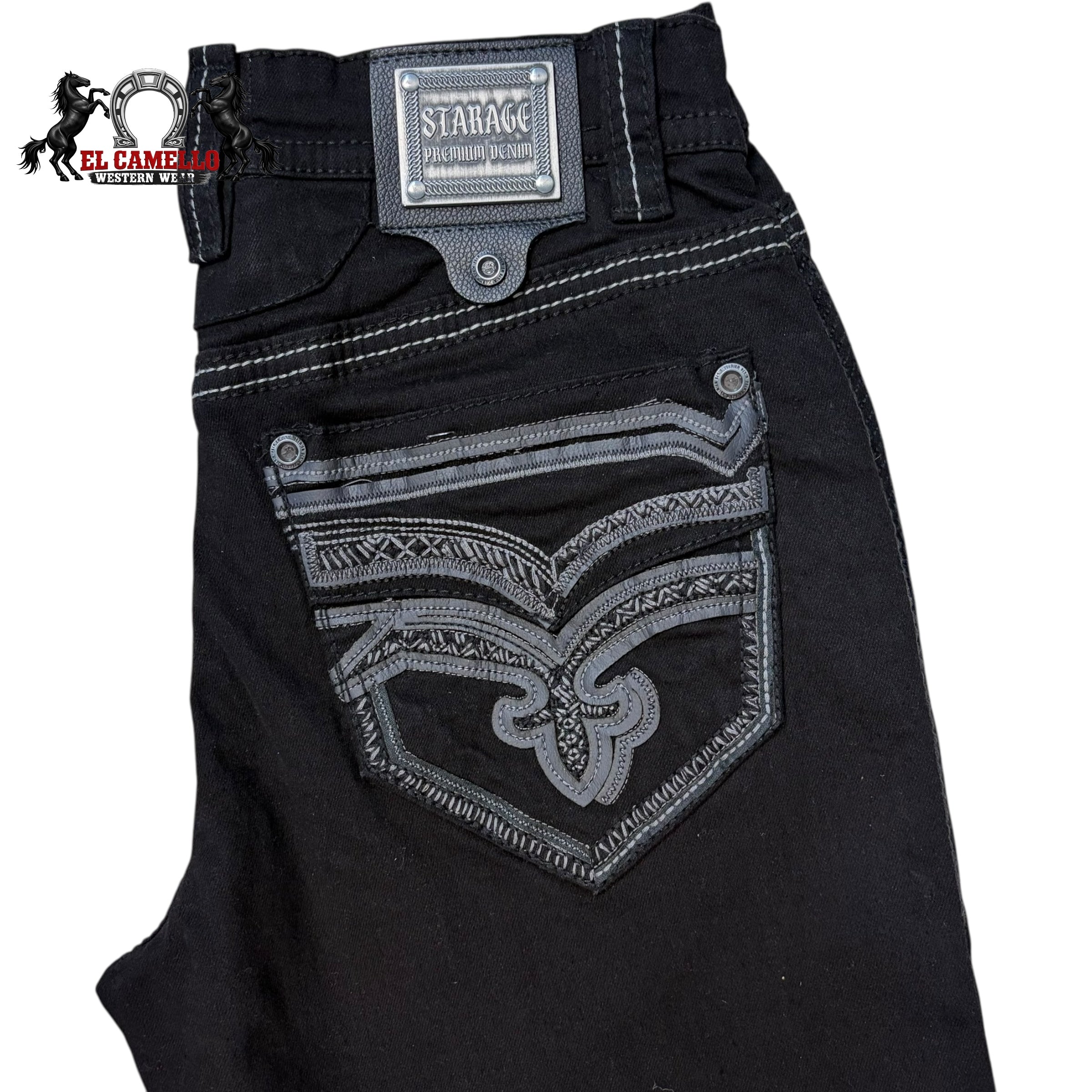 Star-Age Men’s Black Denim Jeans SA-033 – Western Style Embroidered Pocket