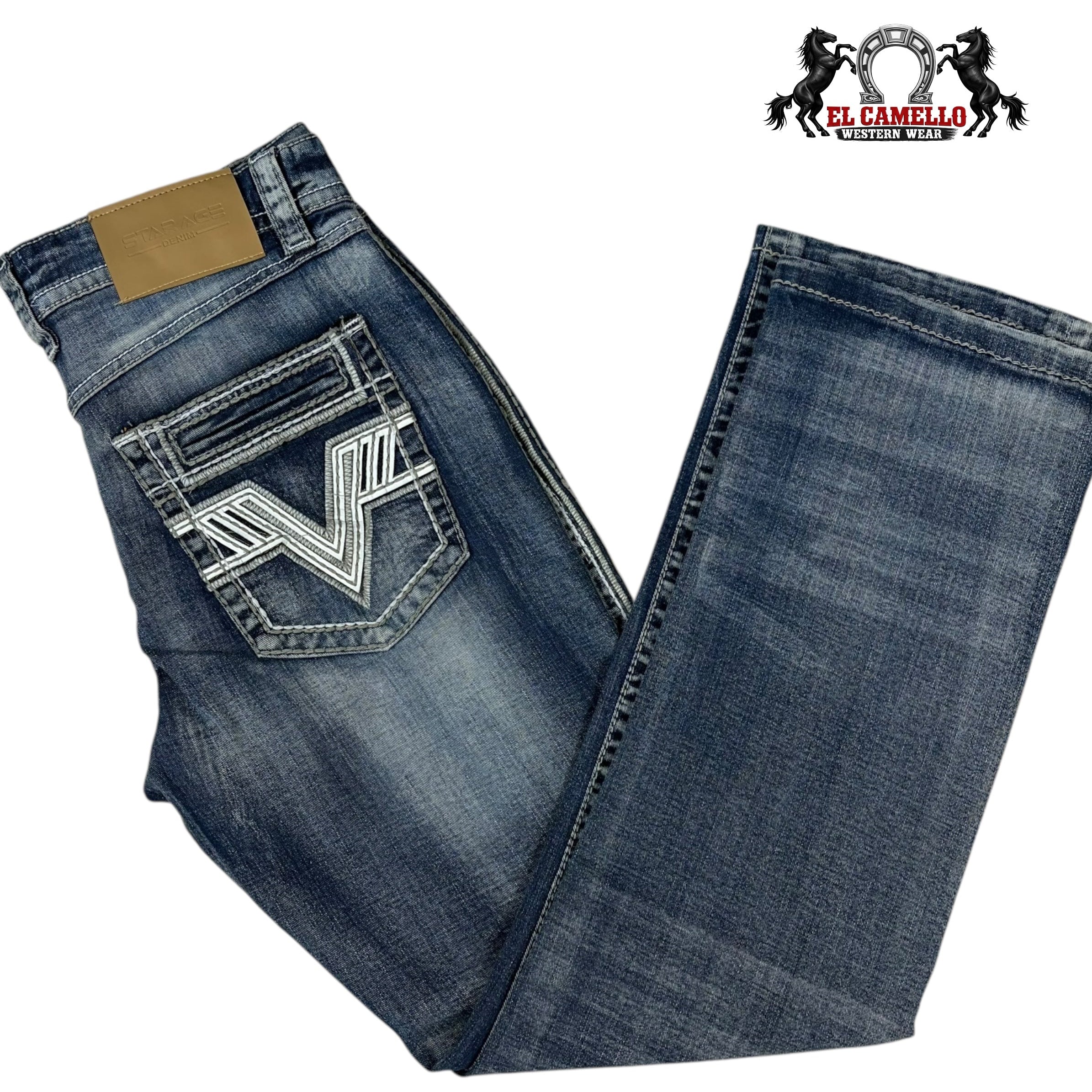 Star-Age Men’s Blue Denim Jeans SA-043 – Western Style Embroidered Pocket