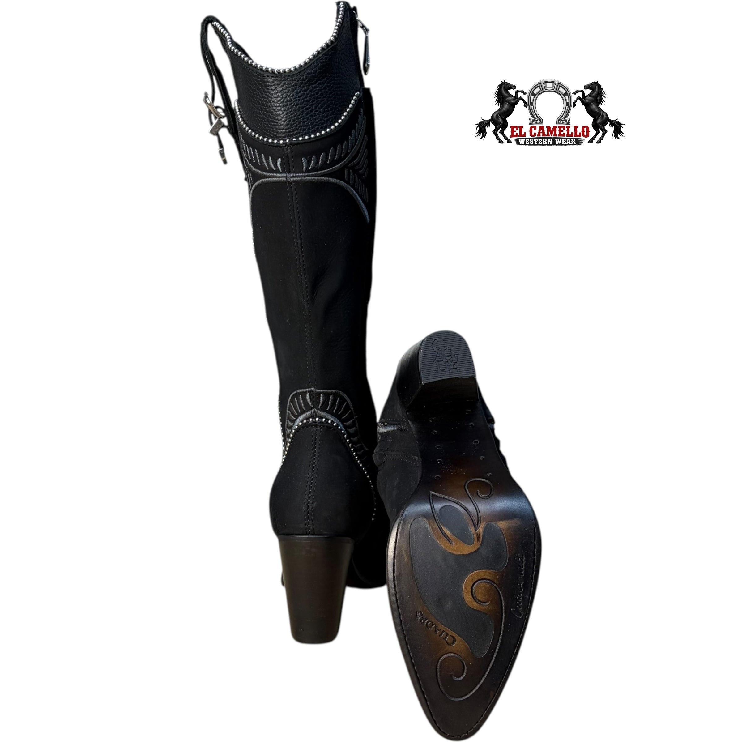 Cuadra Women’s Black Western Knee-High Boots with Embroidery & Stud Details CU357