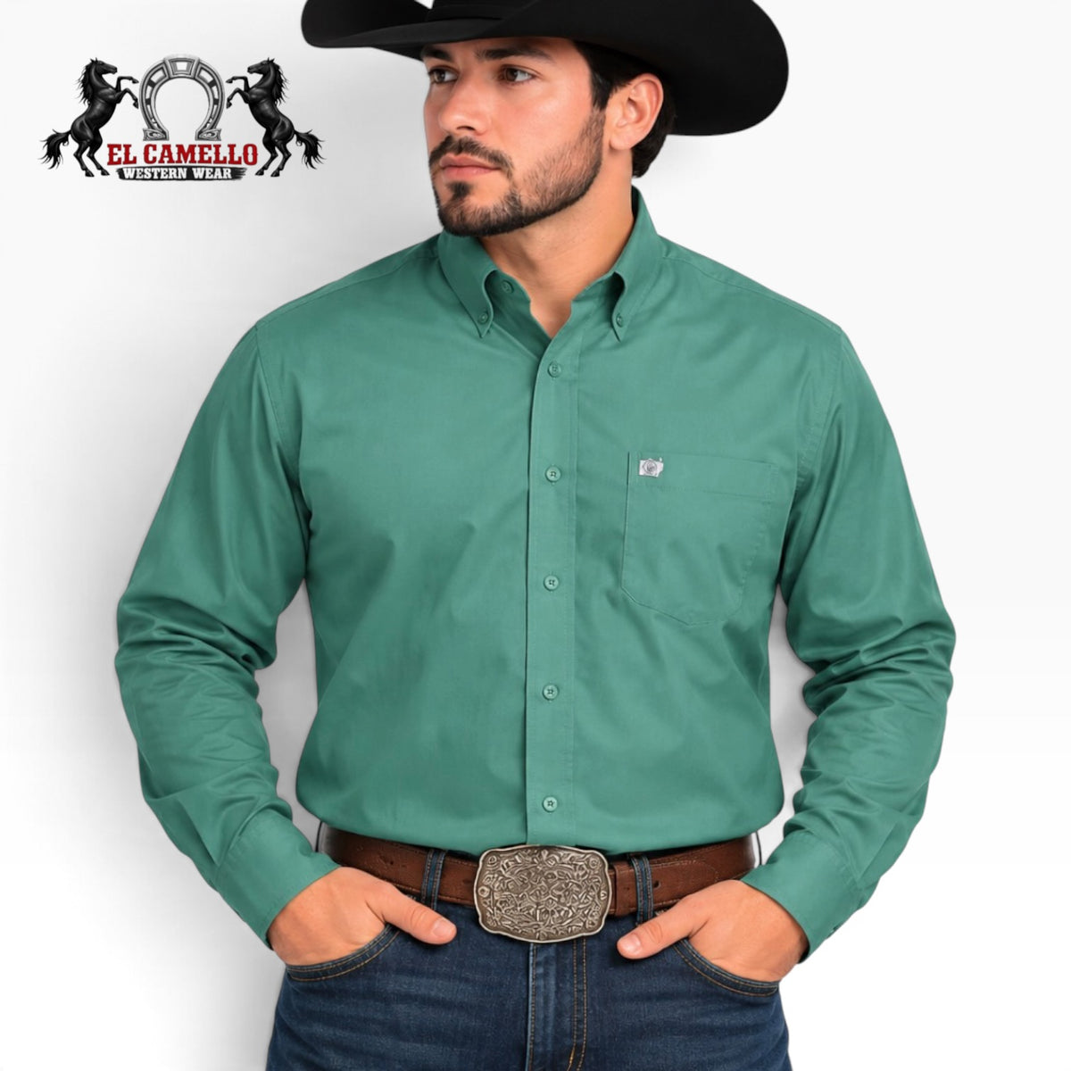 CINCH Men’s Green Solid Modern Fit Long Sleeve Western Shirt – MTW7060355 GRN
