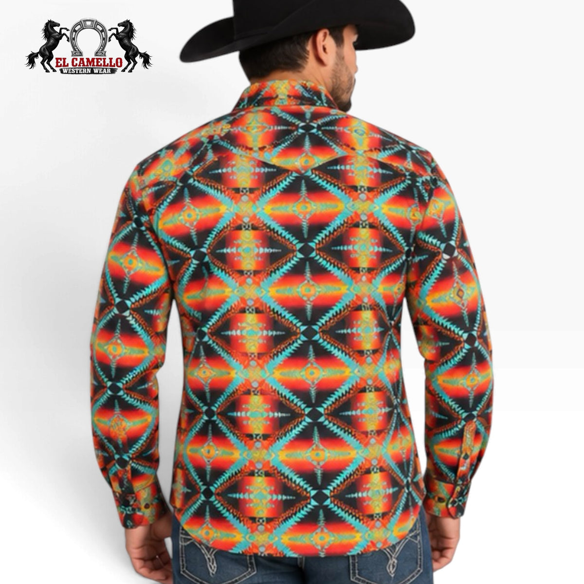Rock & Roll Denim Men’s Orange Aztec Print Long Sleeve Western Snap Shirt – BMN2S04738
