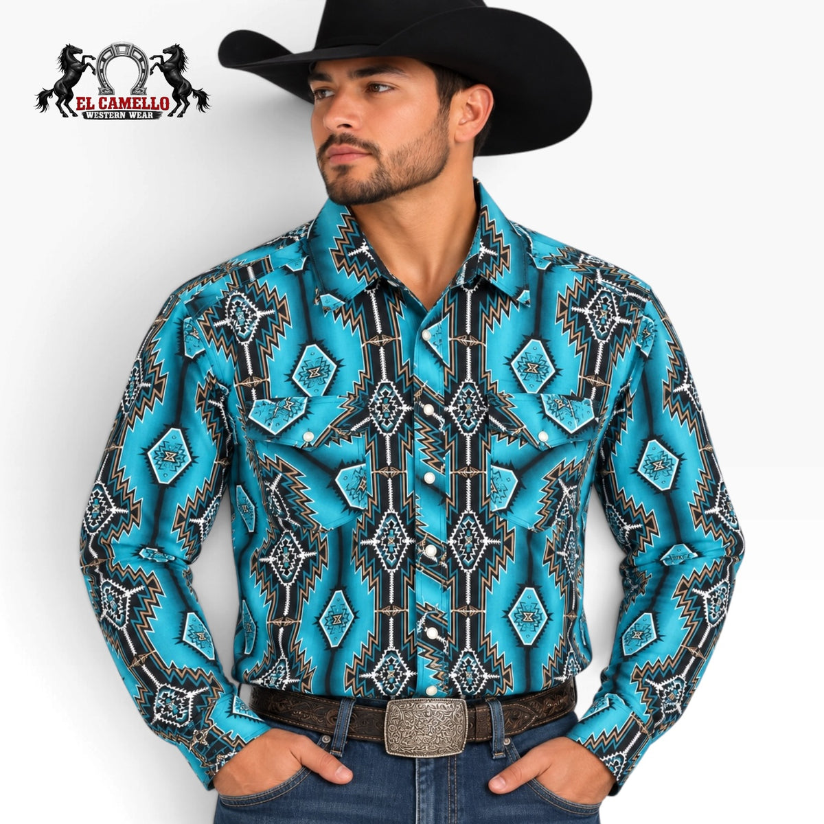 Rock & Roll Denim Men’s Turquoise Aztec Print Long Sleeve Western Shirt – BMN2S04726