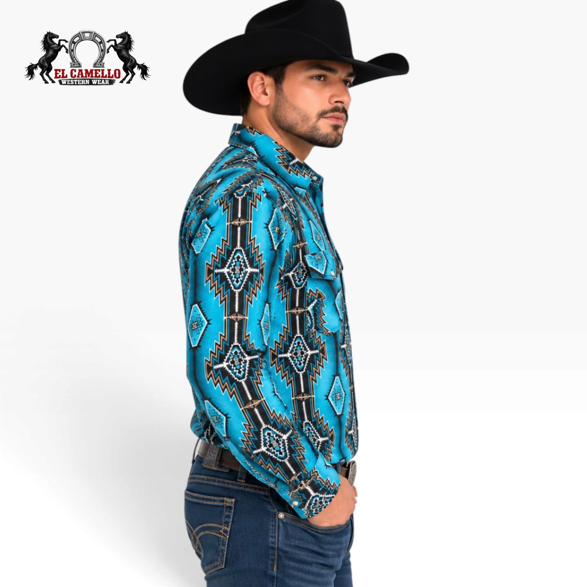 Rock & Roll Denim Men’s Turquoise Aztec Print Long Sleeve Western Shirt – BMN2S04726
