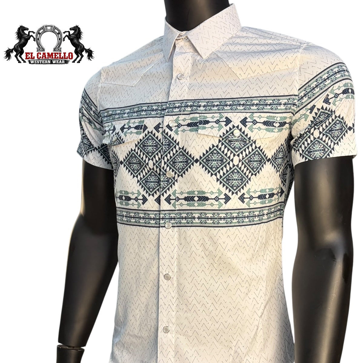 Montero Men’s White Short Sleeve Shirt MT4048 Western Aztec Print Button-Up Classic Fit