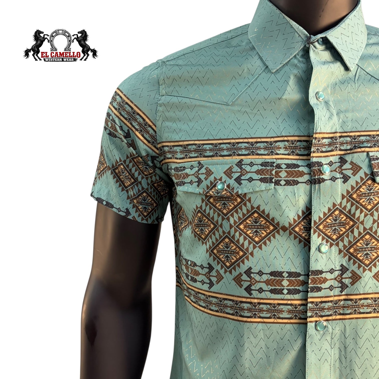 Montero Men’s Teal Short Sleeve Shirt MT4048 Western Aztec Print Button-Up Classic Fit