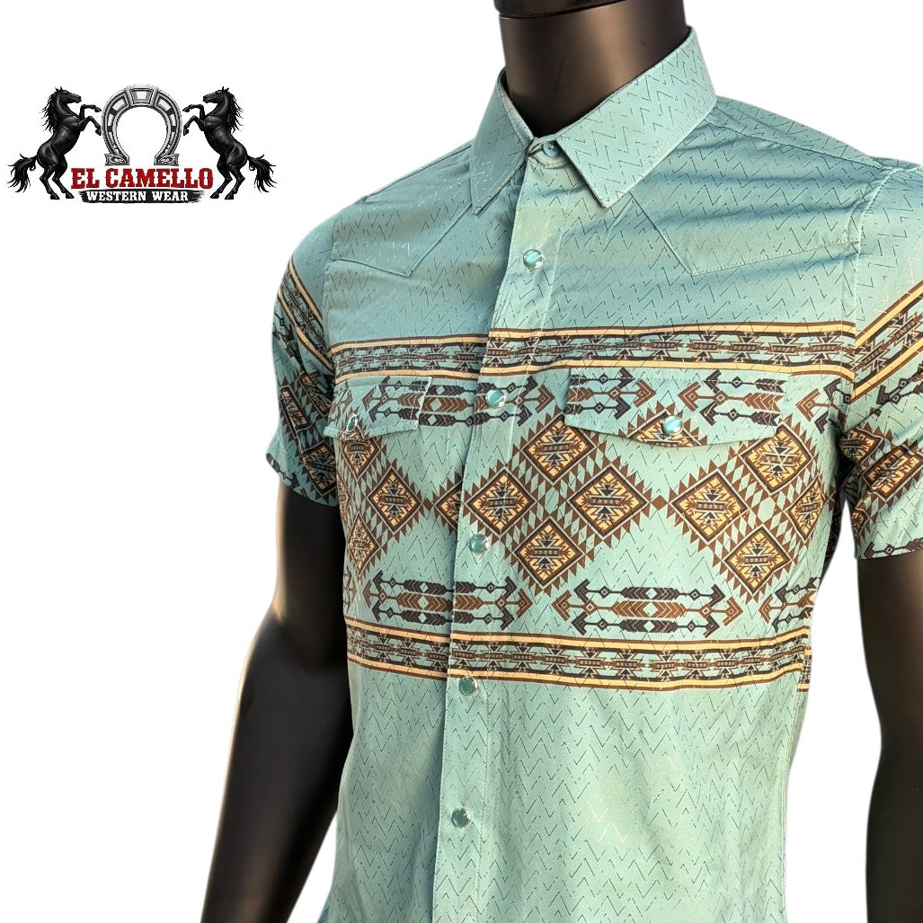 Montero Men’s Teal Short Sleeve Shirt MT4048 Western Aztec Print Button-Up Classic Fit