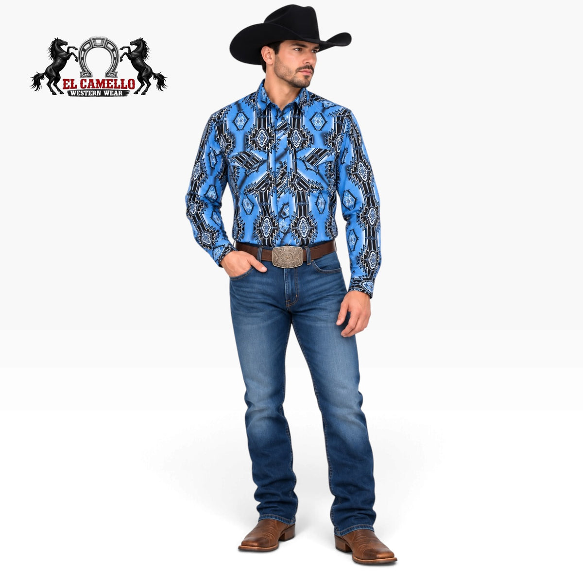 Rock & Roll Men's Blue Aztec Print Long Sleeve Western Shirt – BMN2S07642