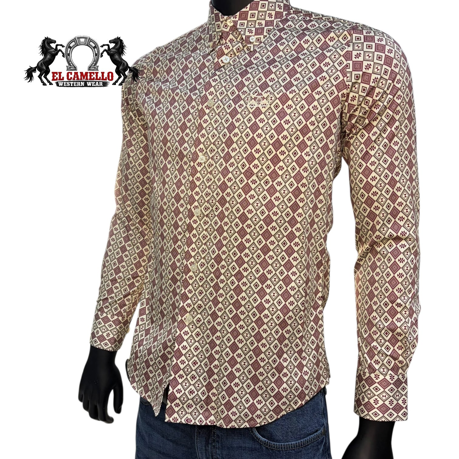 Montero Men’s Beige Long Sleeve Shirt MT4060 Geometric Print Button-Up Classic Fit