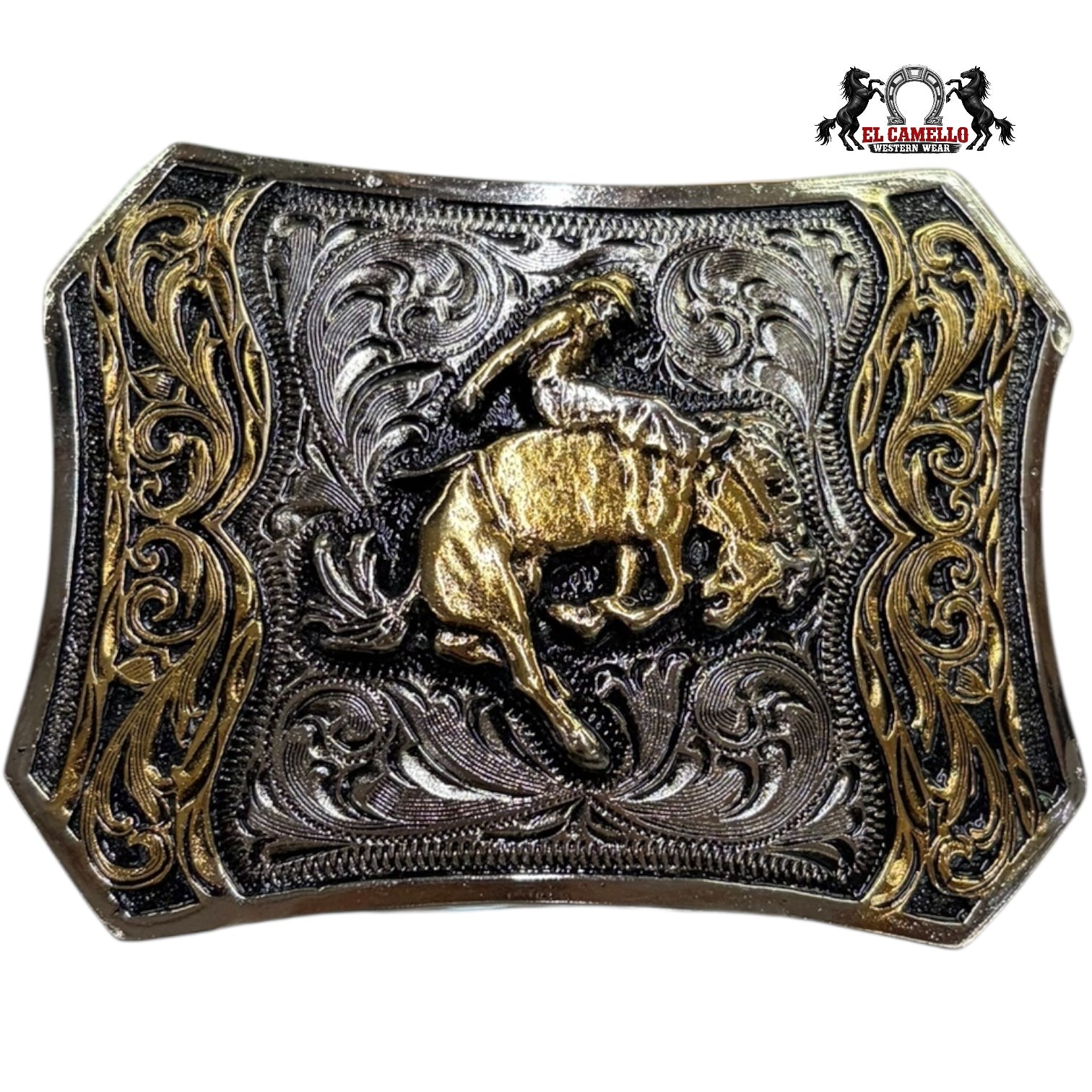 Men’s Western Bull Rider Belt Buckle – Silver & Gold Tone Engraved Design