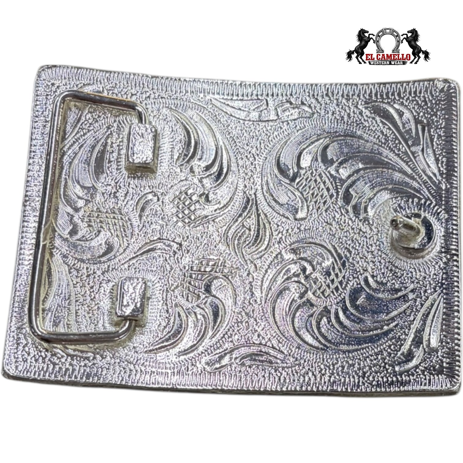 Western Longhorn Belt Buckle – Silver Engraved with Gold Bull Head & Greek Key Border