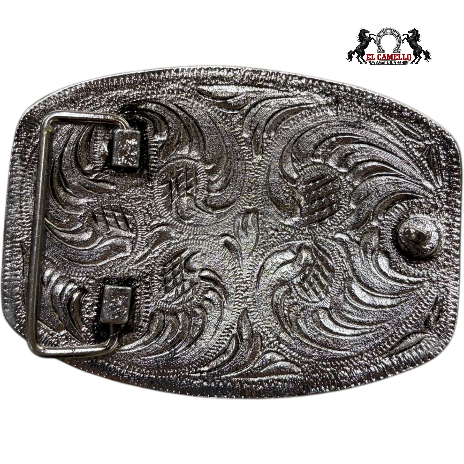 Western Rooster Belt Buckle – Silver Engraved with Gold Rooster & Red Stone Accents
