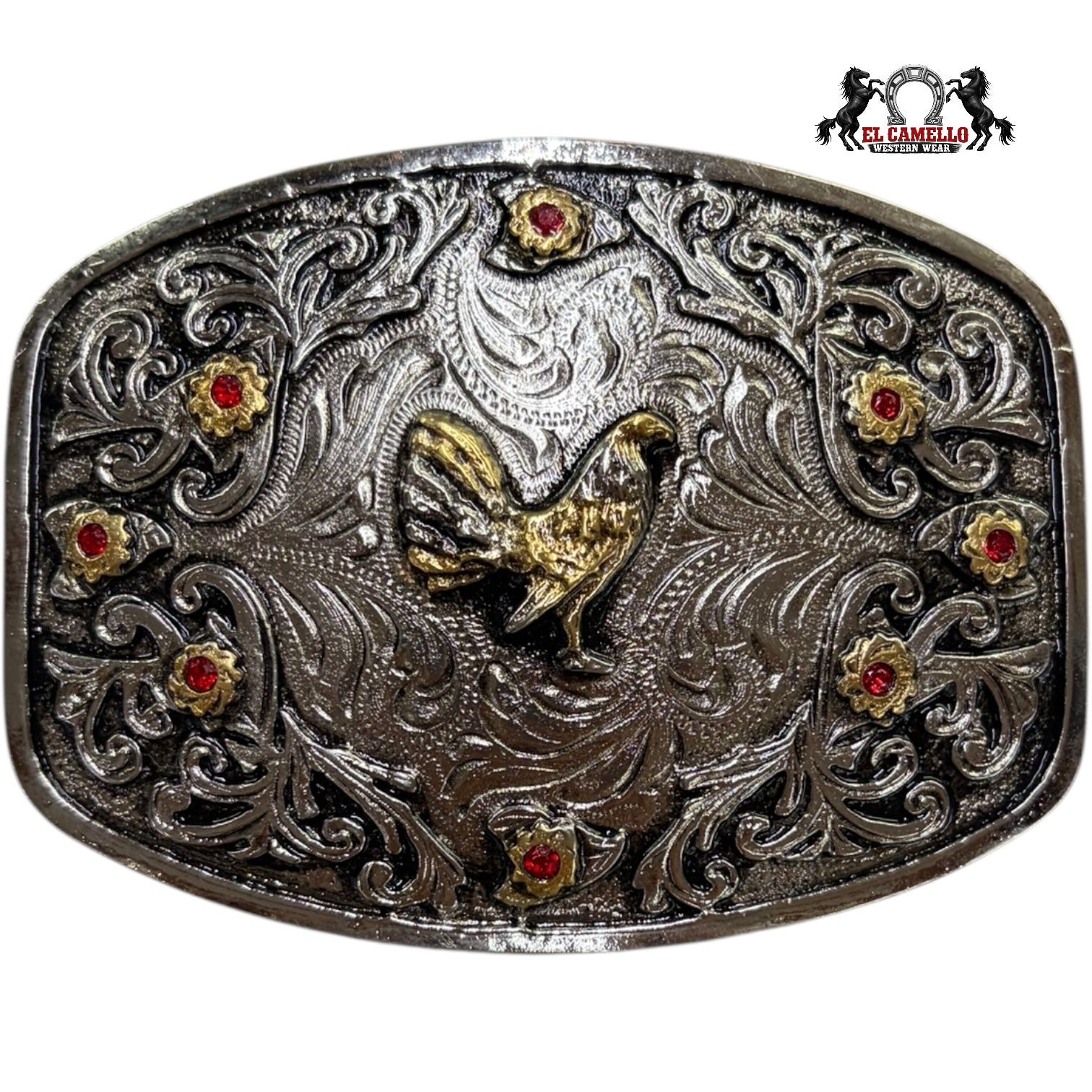 Western Rooster Belt Buckle – Silver Engraved with Gold Rooster & Red Stone Accents