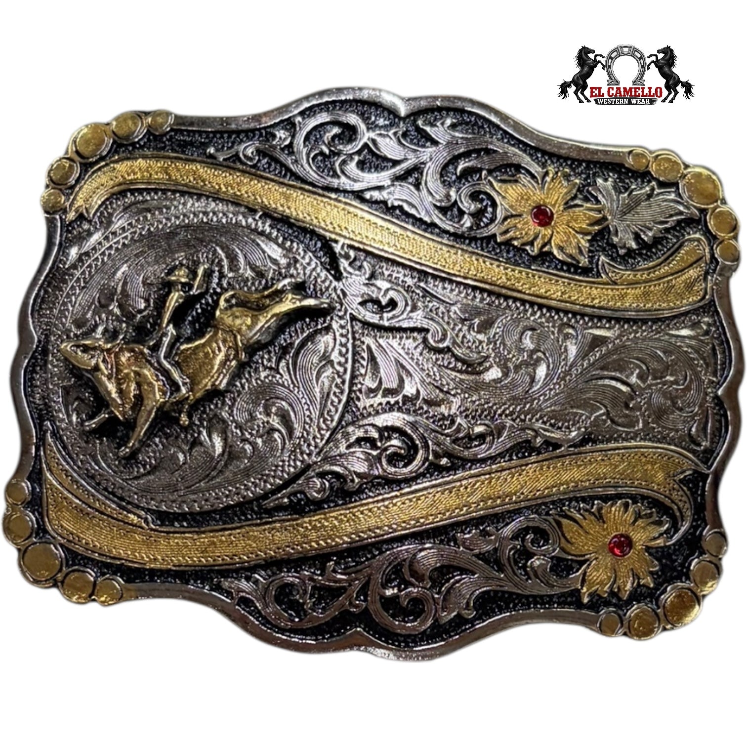 Western Rodeo Belt Buckle – Silver & Gold Bull Rider Design with Floral Accents