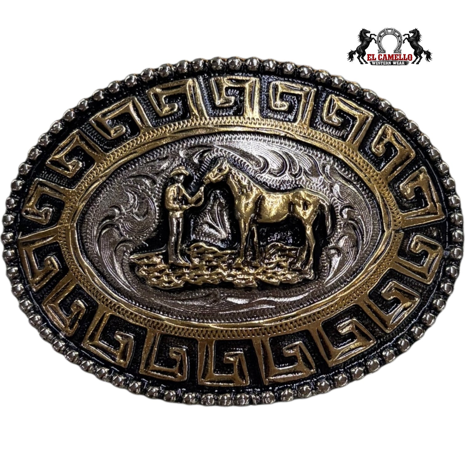 Western Oval Belt Buckle – Silver & Gold Cowboy Horse Design with Black Greek Key Border