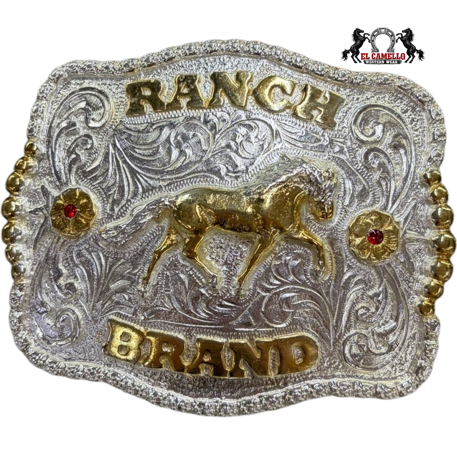 Ranch Brand Western Belt Buckle – Silver & Gold Engraved Horse Design with Red Stone Accents