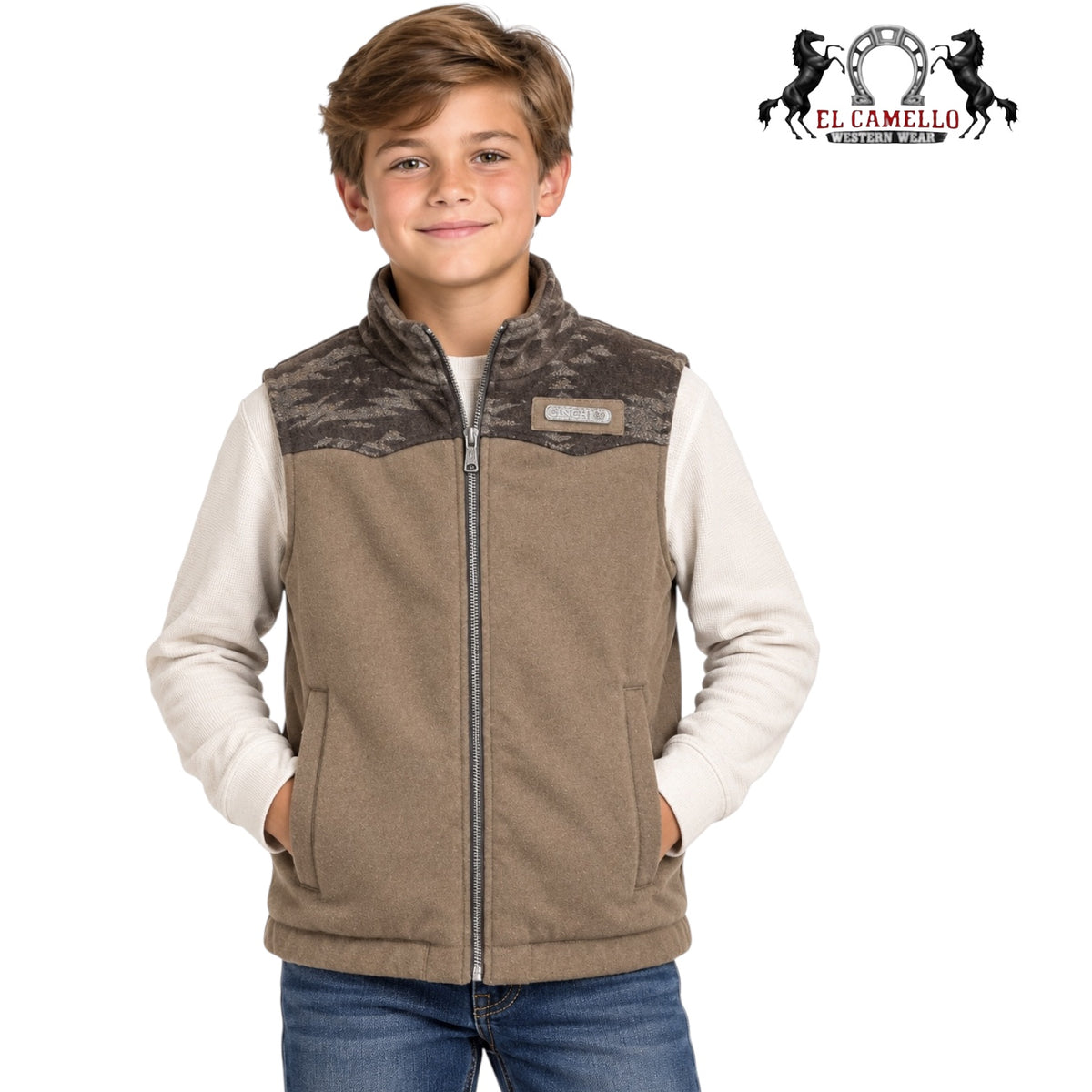 CINCH Boys’ Brown Camo Yoke Western Fleece Vest