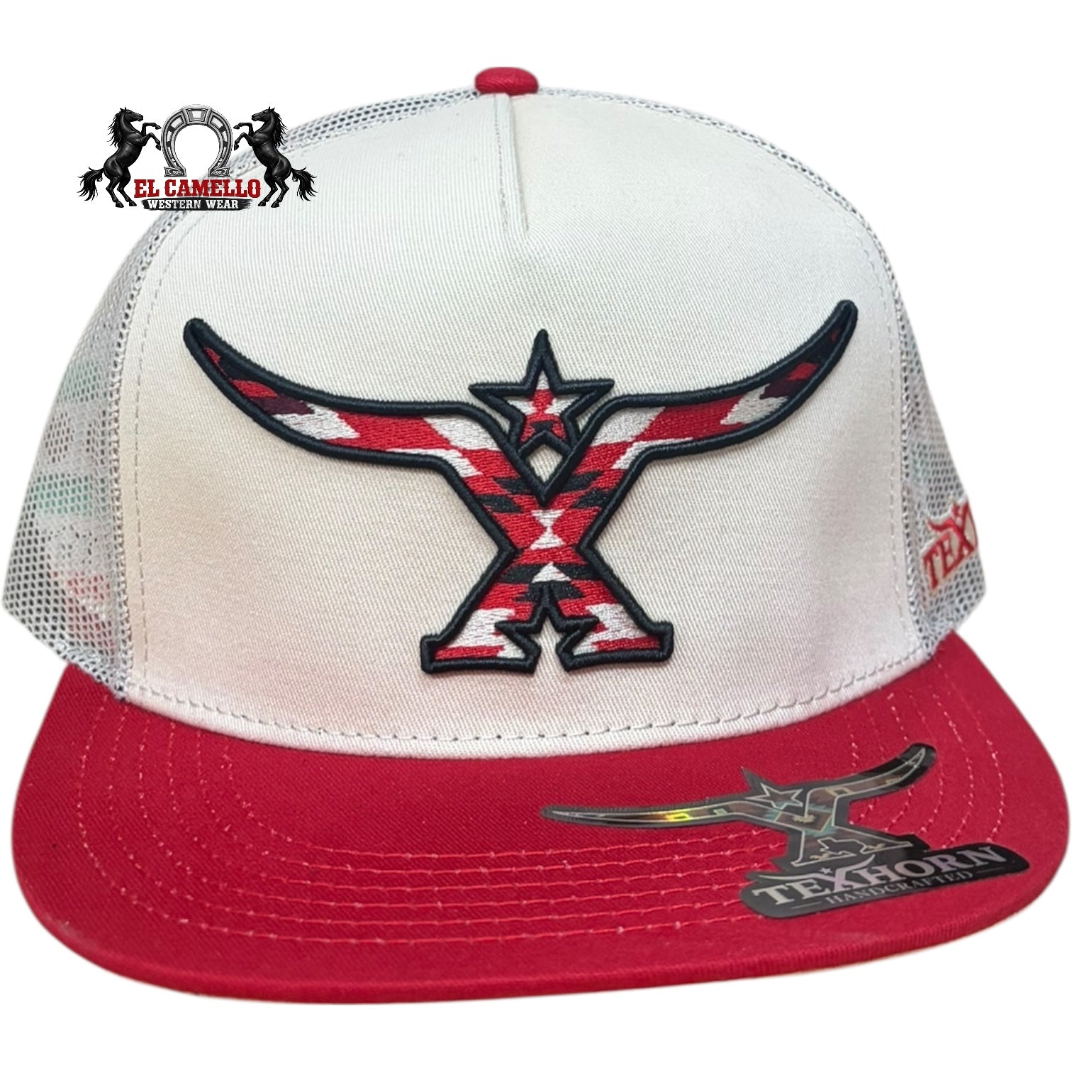 Texhorn White & Red Longhorn Aztec Embroidered Mesh Back Snapback Cap
