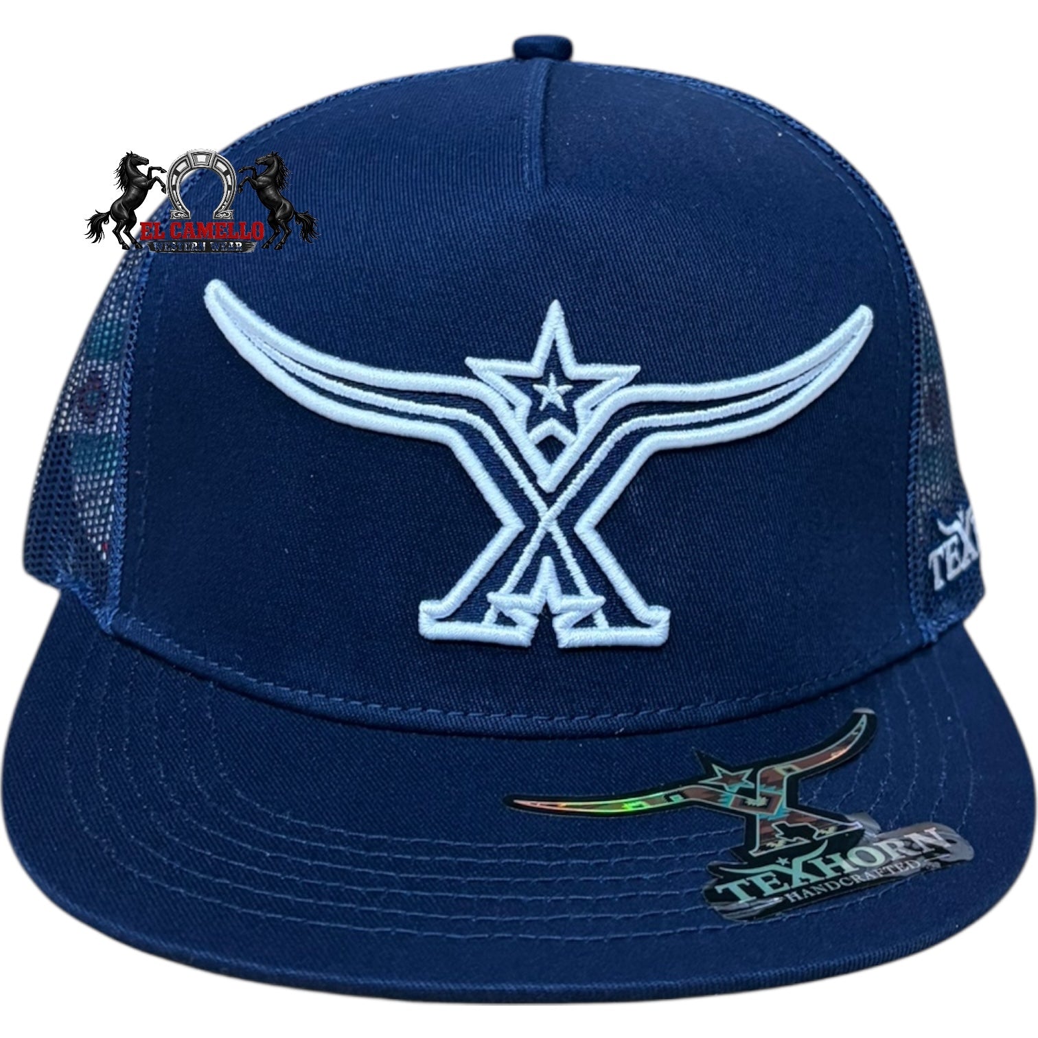 Texhorn Navy Blue & White Longhorn Embroidered Mesh Back Snapback Cap