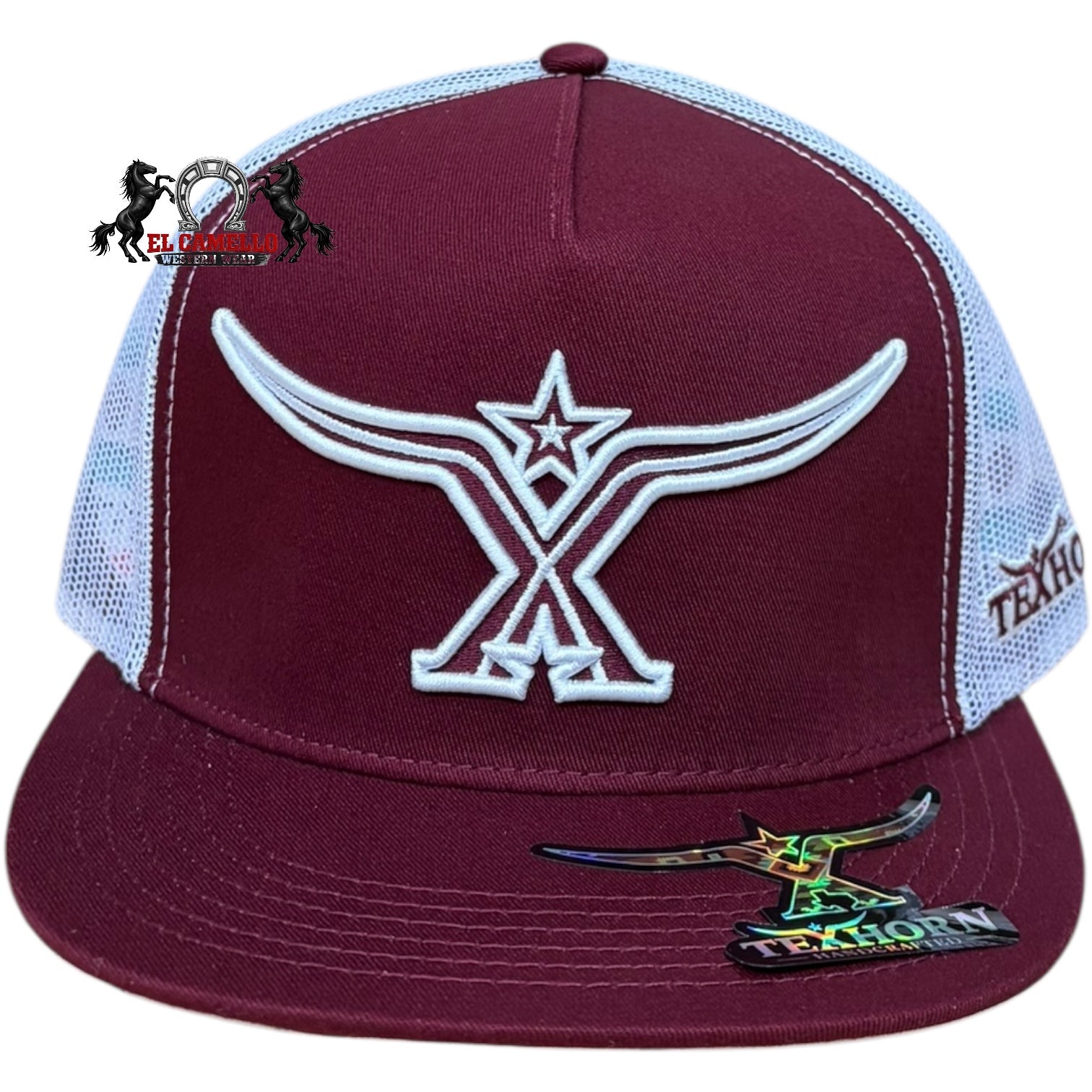 Texhorn Burgundy & White Longhorn Embroidered Mesh Back Snapback Cap
