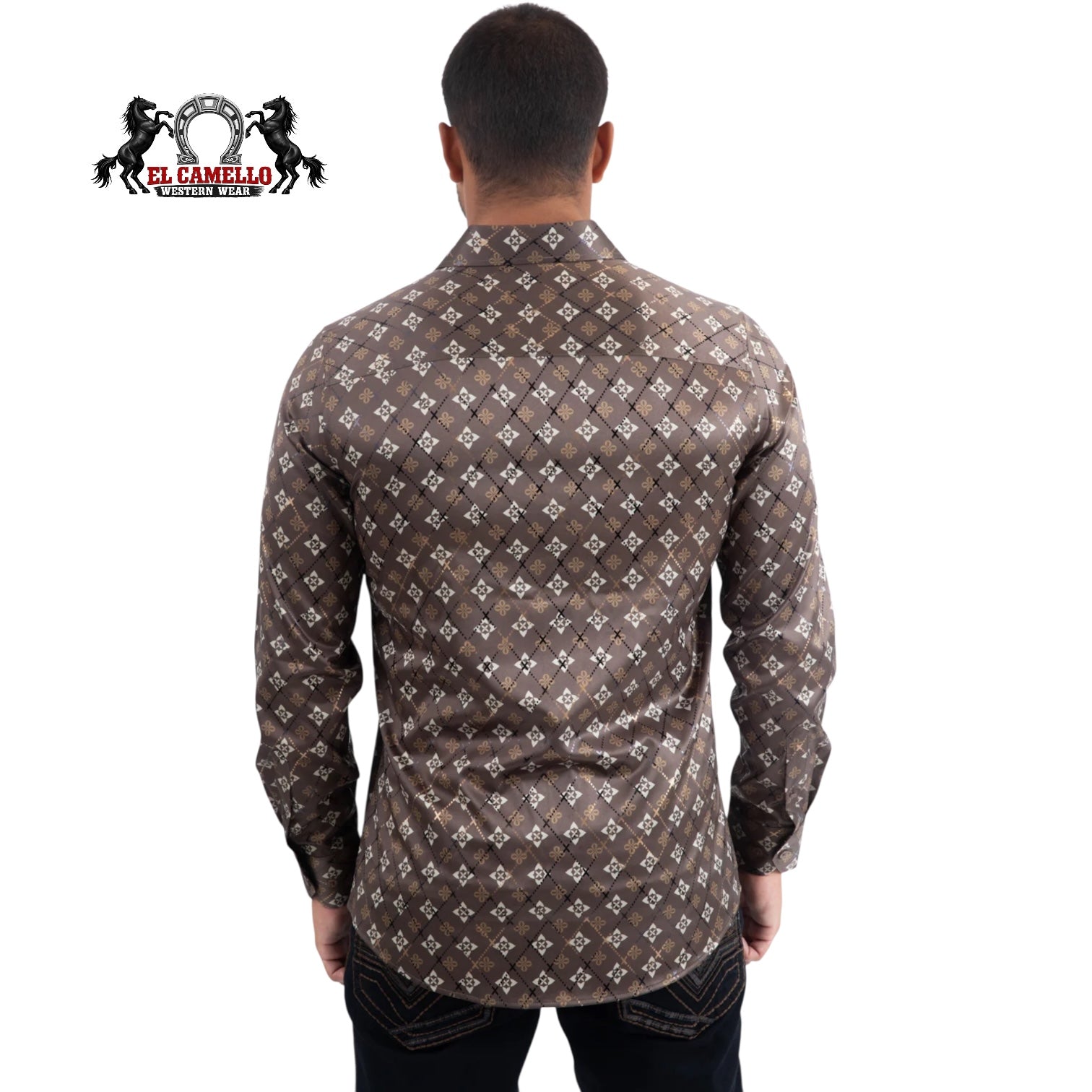 Platini Men’s Brown & Tan Geometric Pattern Long Sleeve Dress Shirt FPL11492