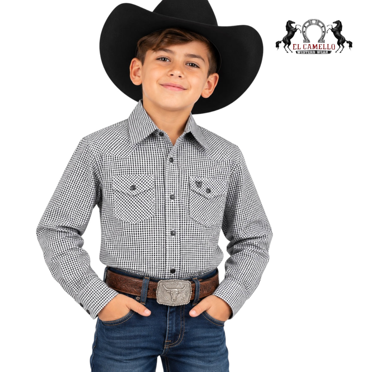 CINCH Boys’ Black & White Checkered Long Sleeve Western Shirt