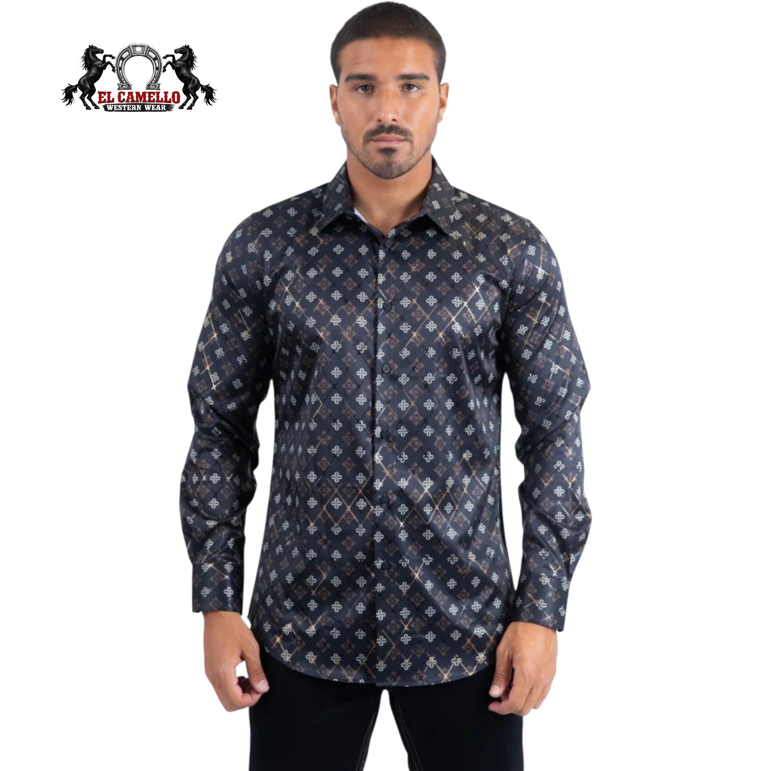 Mens Modern Fit Stretch Foil Fashion Shirt- Black FPL11490
