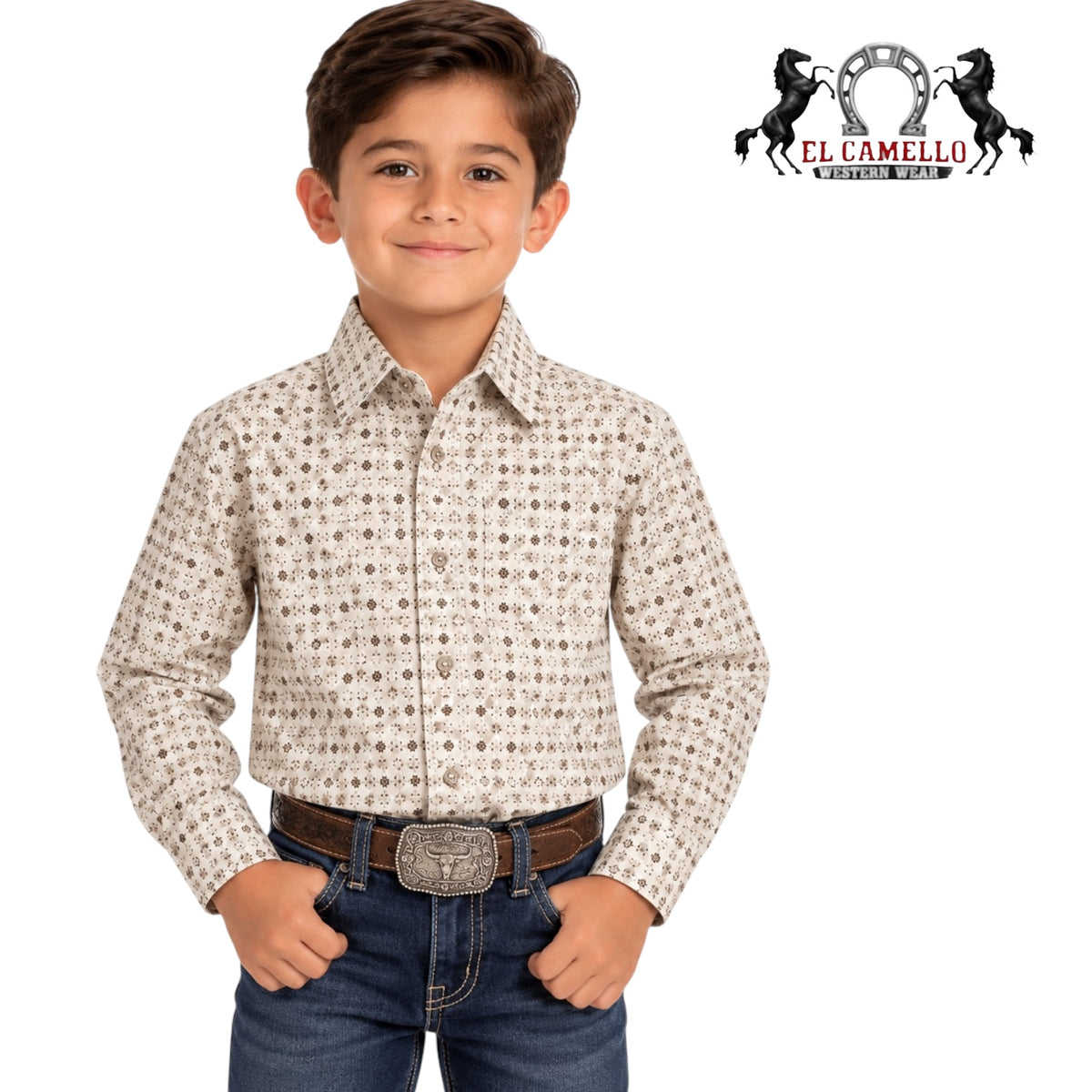 Montero Boys’ Cream & Brown Geometric Print Long Sleeve Western Shirt