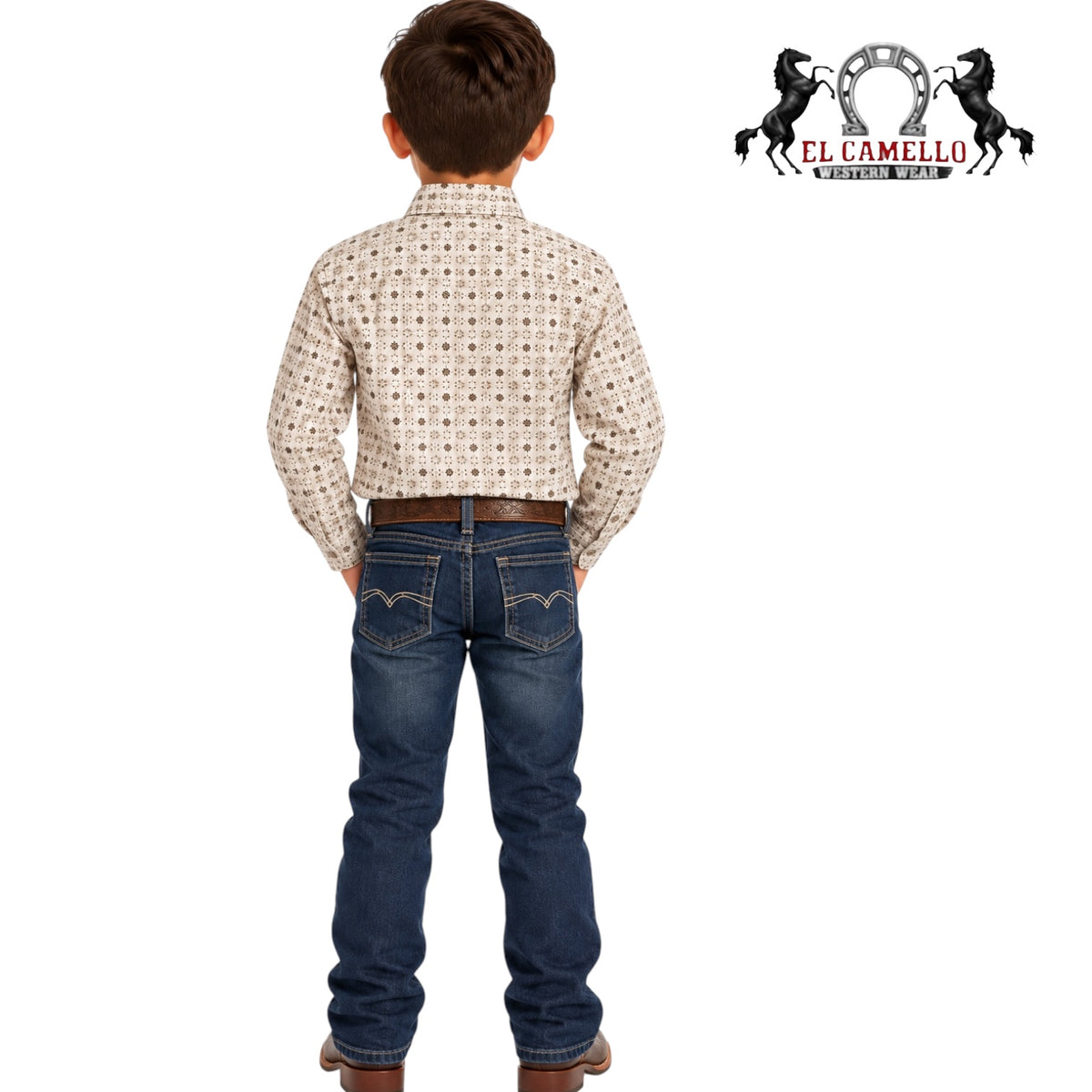 Montero Boys’ Cream & Brown Geometric Print Long Sleeve Western Shirt