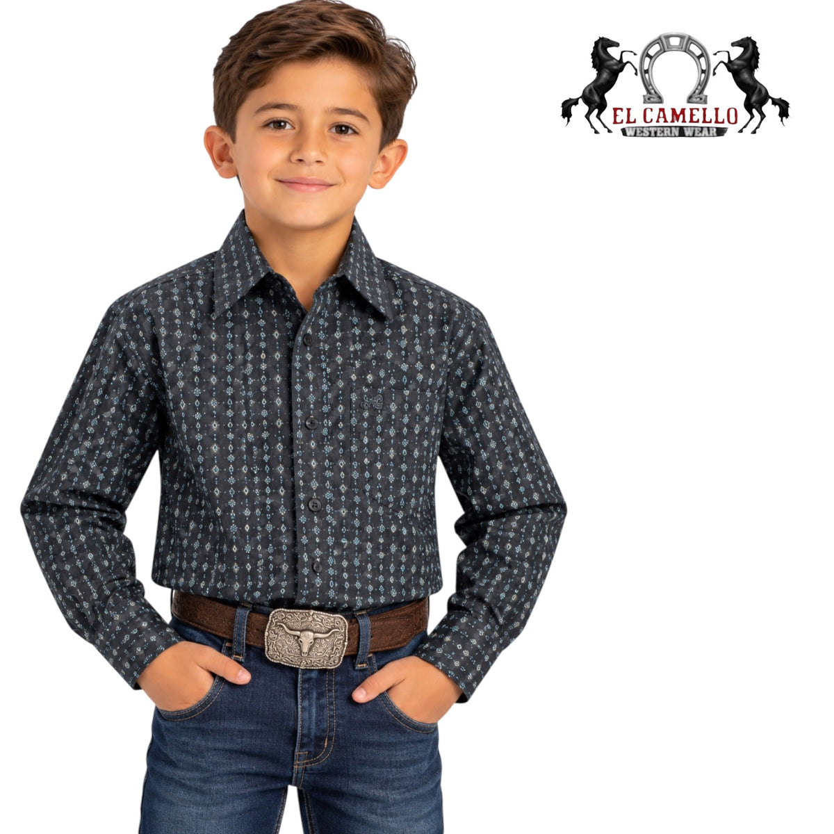 Montero Boys’ Charcoal Gray & Blue Geometric Print Long Sleeve Western Shirt
