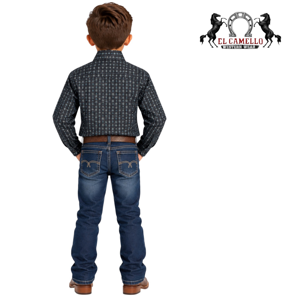 Montero Boys’ Charcoal Gray & Blue Geometric Print Long Sleeve Western Shirt