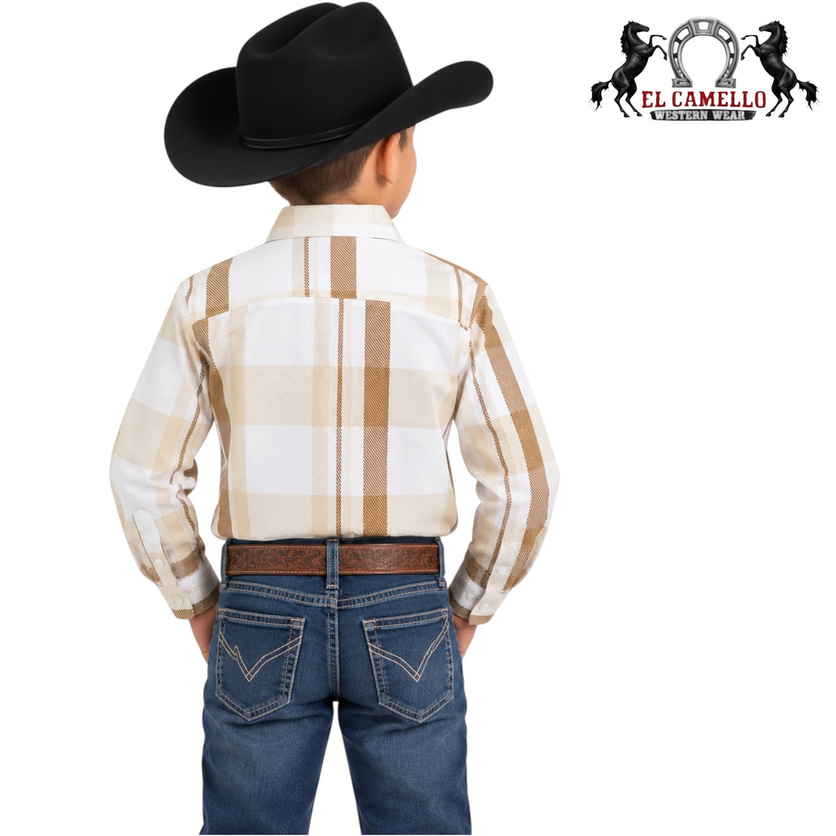 Montero Boys’ Beige & Brown Plaid Long Sleeve Western Shirt