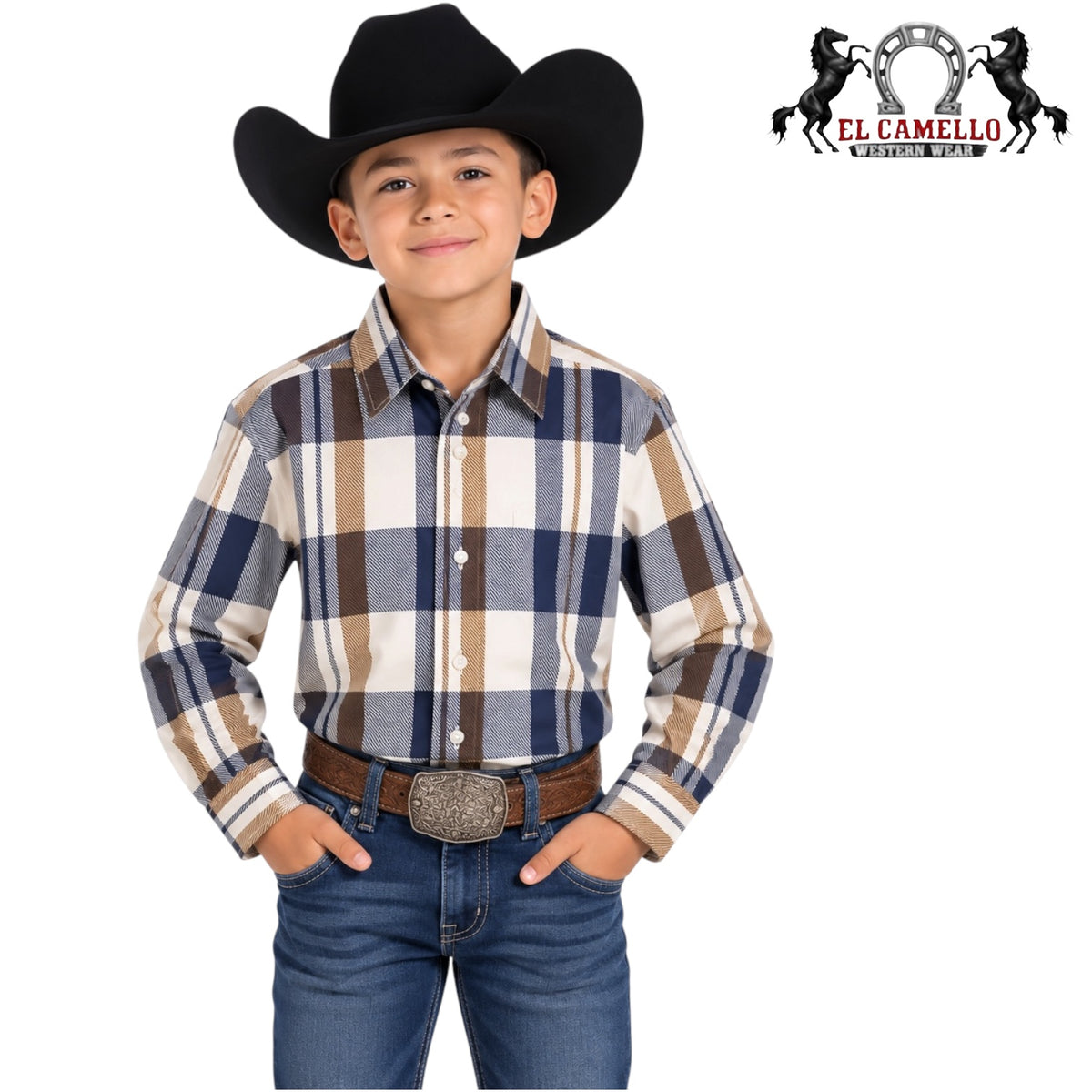 Montero Boys’ Beige & Brown Plaid Long Sleeve Western Shirt