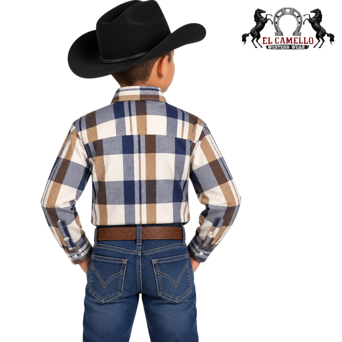 Montero Boys’ Beige & Brown Plaid Long Sleeve Western Shirt