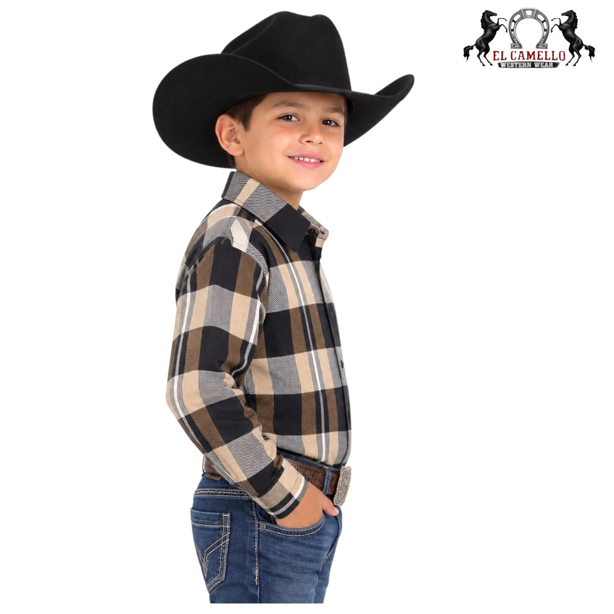 Montero Boys’ Black & Tan Plaid Long Sleeve Western Shirt