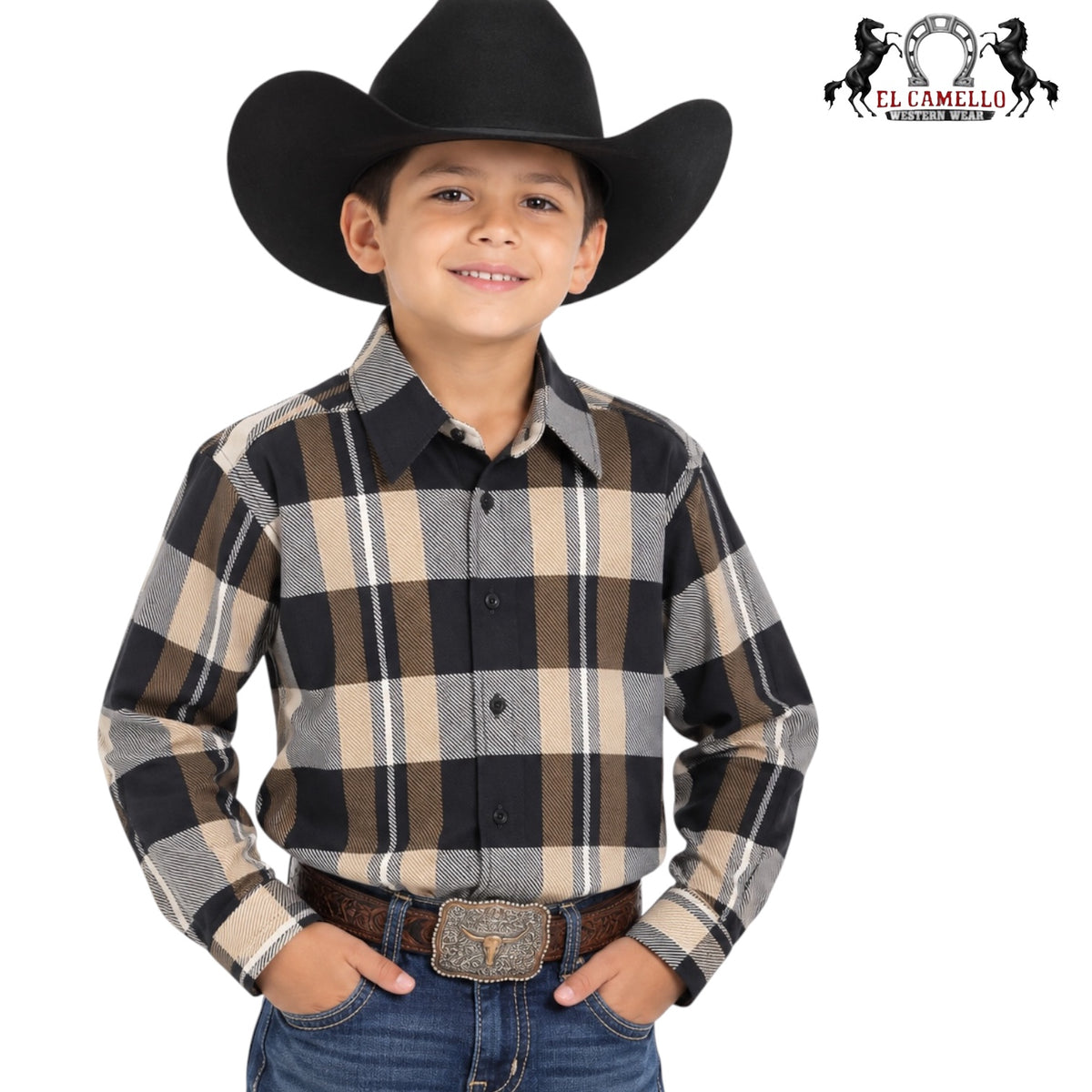 Montero Boys’ Black & Tan Plaid Long Sleeve Western Shirt