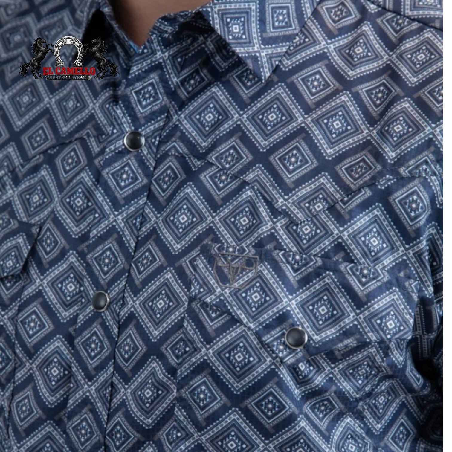 Platini Men’s PGW11153 Blue Geometric Western Short Sleeve Snap Shirt