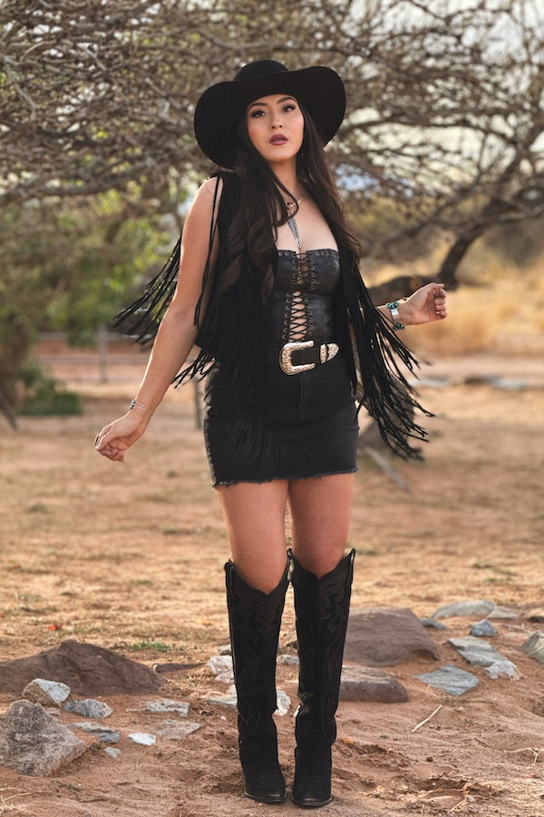 Black Denim Stretch Skirt Frayed Hem - SK258-2BLK