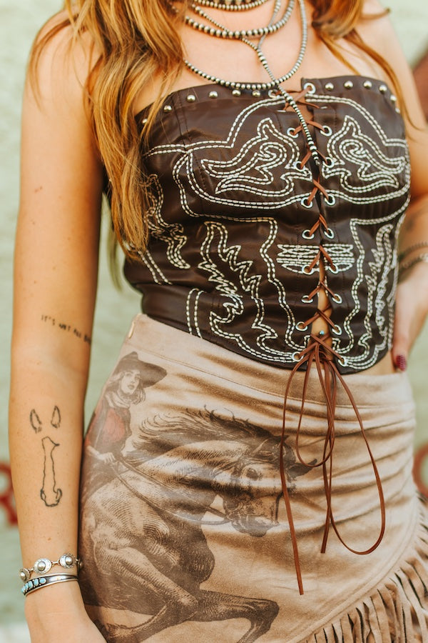 Brown Faux Leather Studded Contrast Embroidered Front Tie Corset Top - TO1108-BR