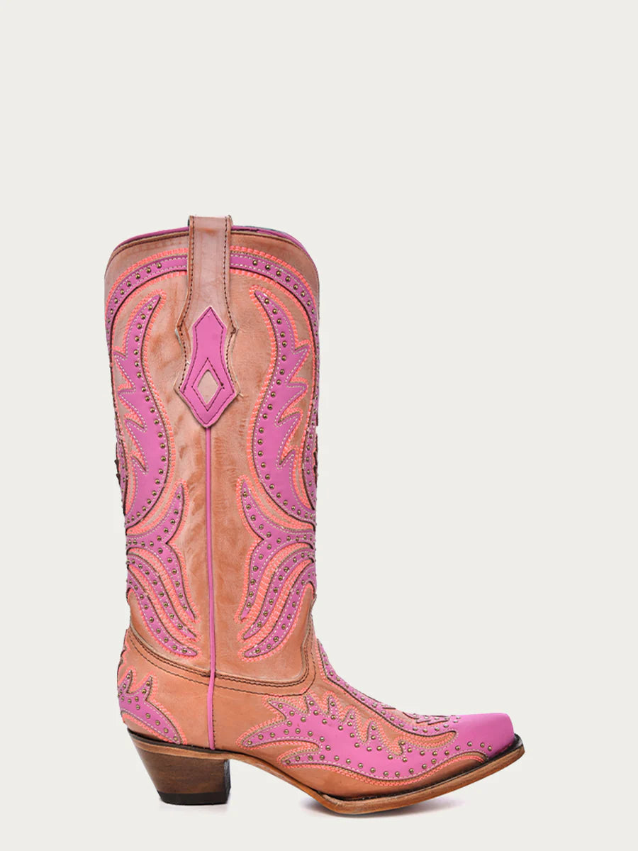 C3970 - WOMEN'S PINK FLUORESCENT EMBROIDERY AND STUDS SNIP TOE COWBOY BOOT