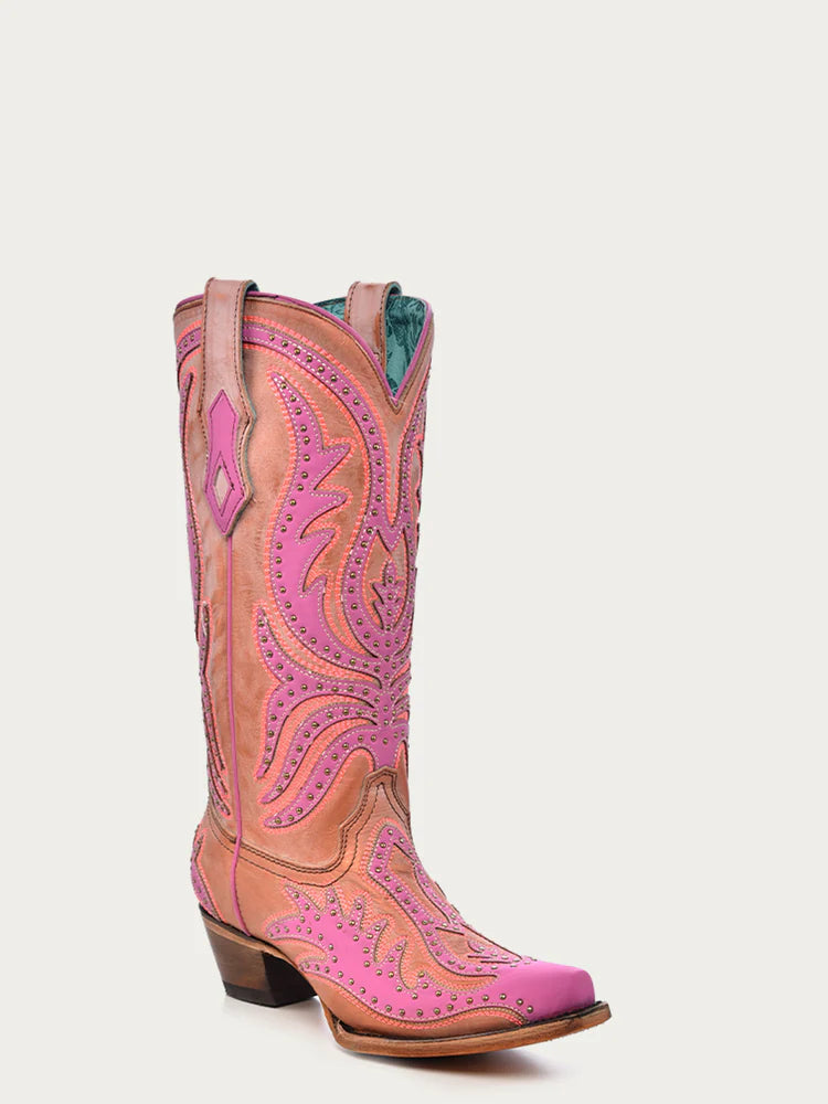 C3970 - WOMEN'S PINK FLUORESCENT EMBROIDERY AND STUDS SNIP TOE COWBOY BOOT