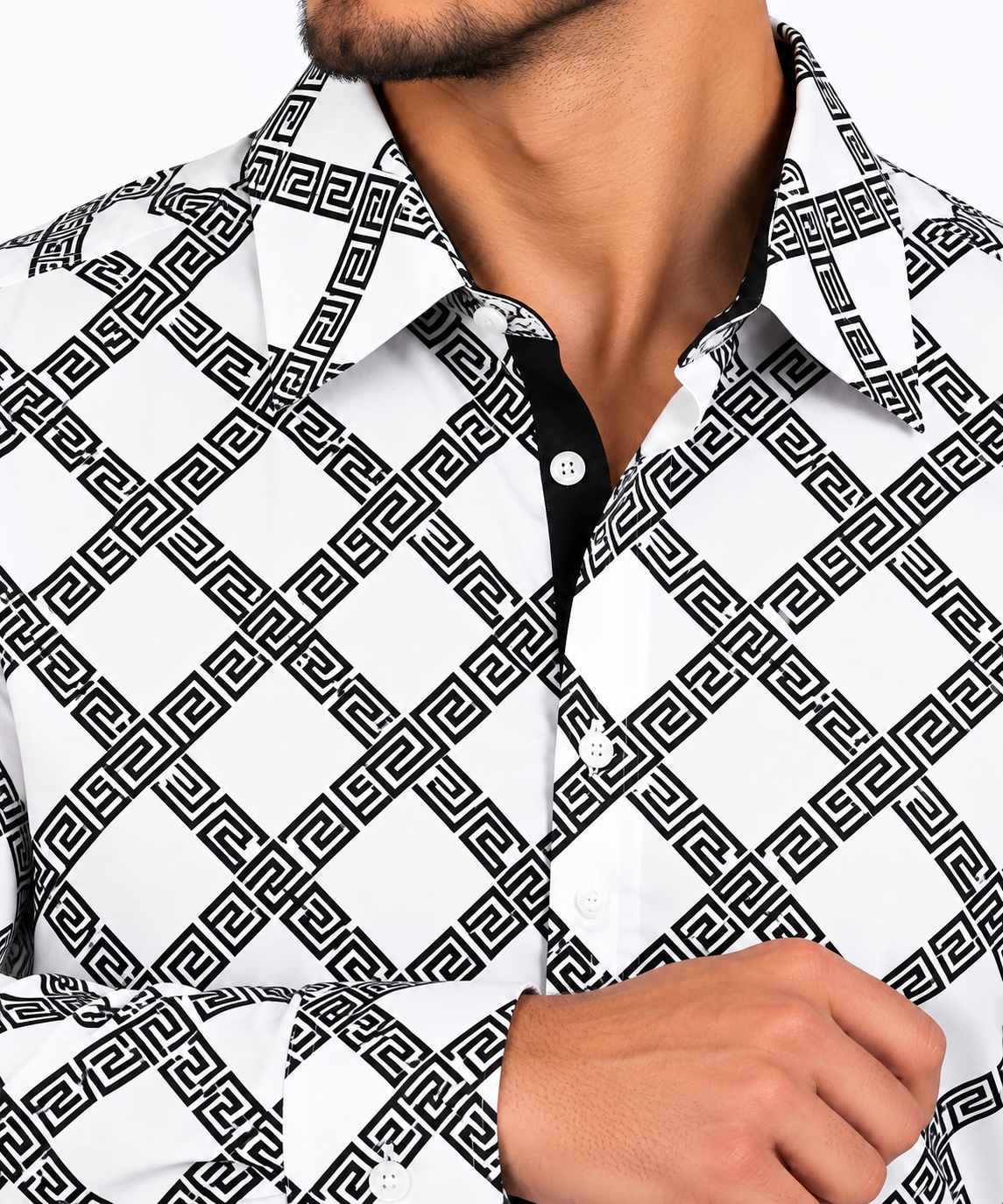 Chuxx Men’s White & Black Geometric Chain Print Long Sleeve Shirt FL- 3389