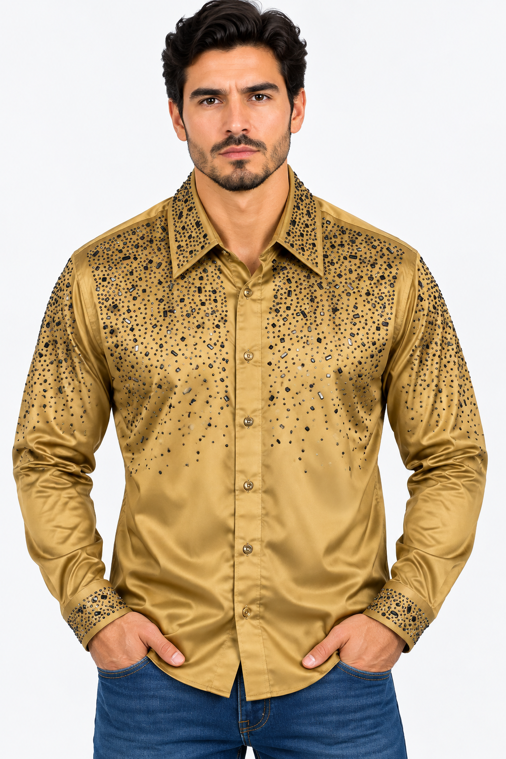 Chuxx Men’s Gold Rhinestone Embellished Long Sleeve Shirt CHLS2201