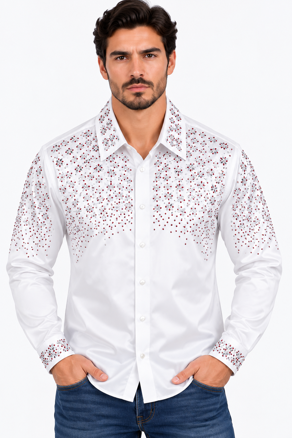 Chuxx Men’s White Rhinestone Floral Long Sleeve Shirt CHLS2202