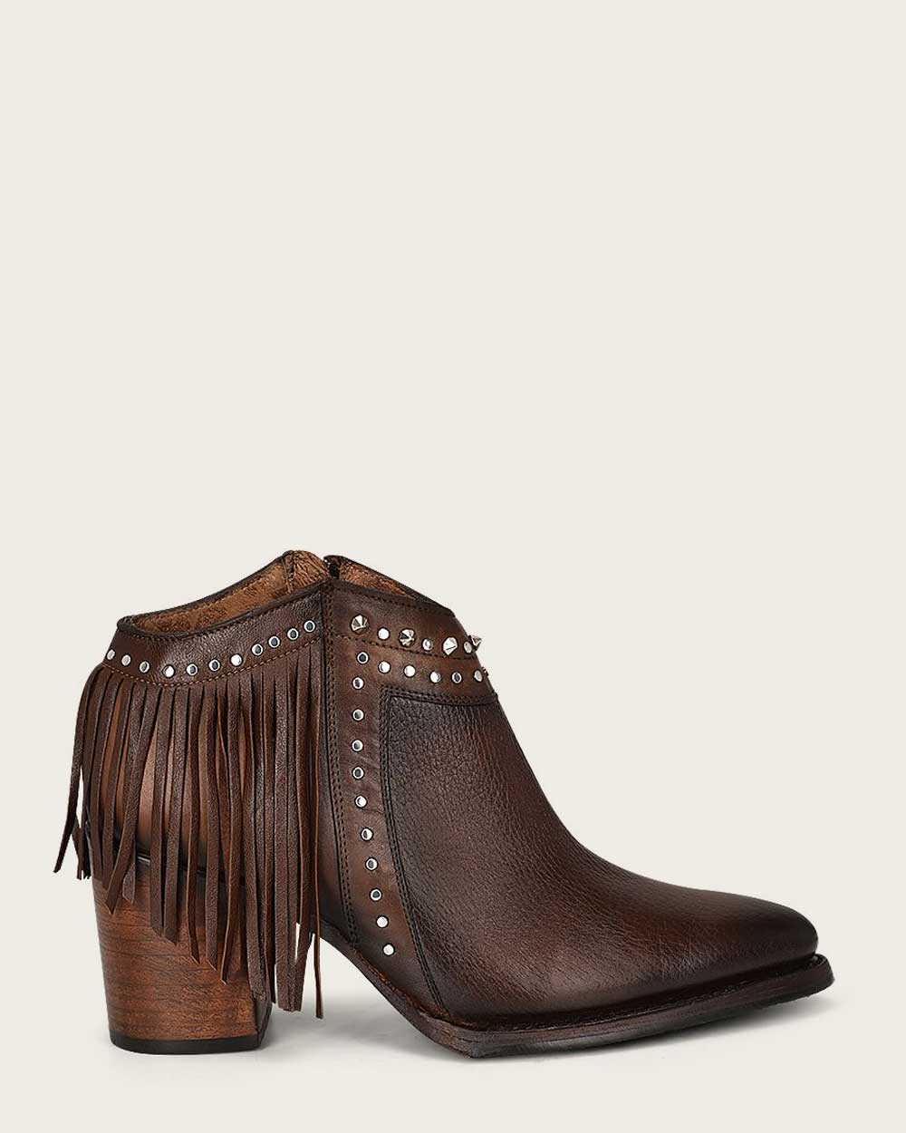 Brown Leather Ankle Bootie – Studded Fringe CU813
