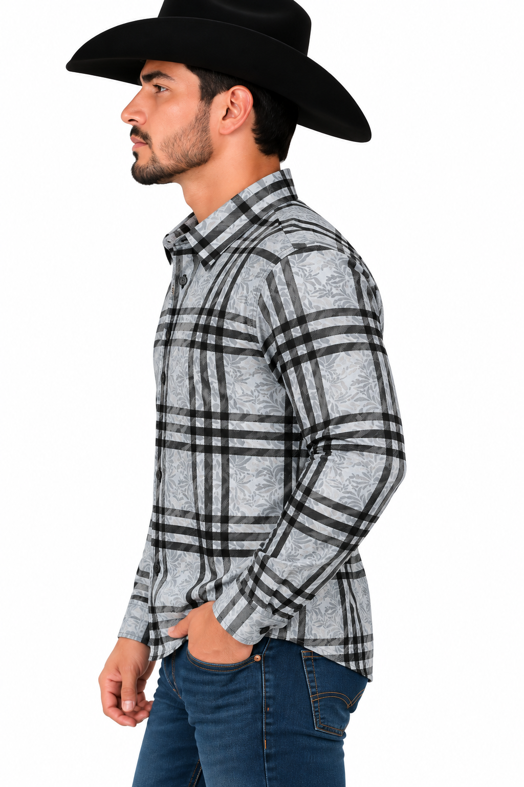 CHUXX Men’s Gray & Black Plaid Long Sleeve Shirt FLK3120