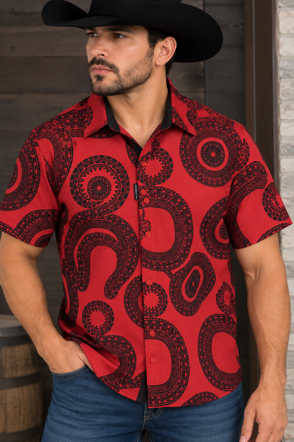 Chuxx Men’s Red & Black Medallion Print Short Sleeve Shirt FLKS-3456