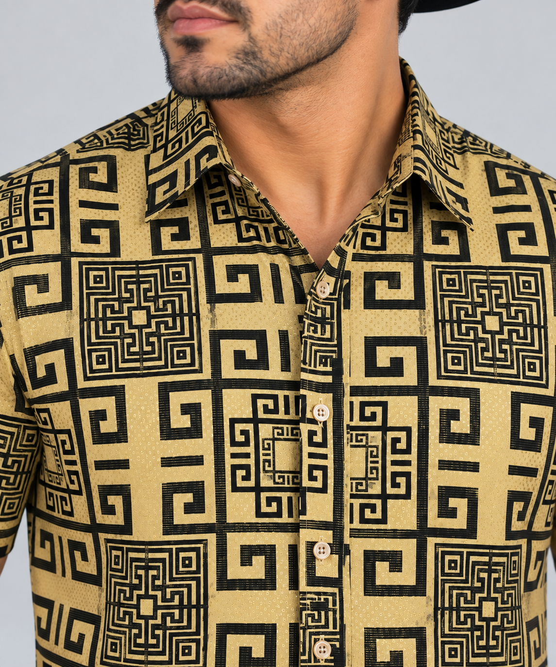 FLKSChuxx Men’s Tan & Black Greek Key Geometric Short Sleeve Shirt -3364